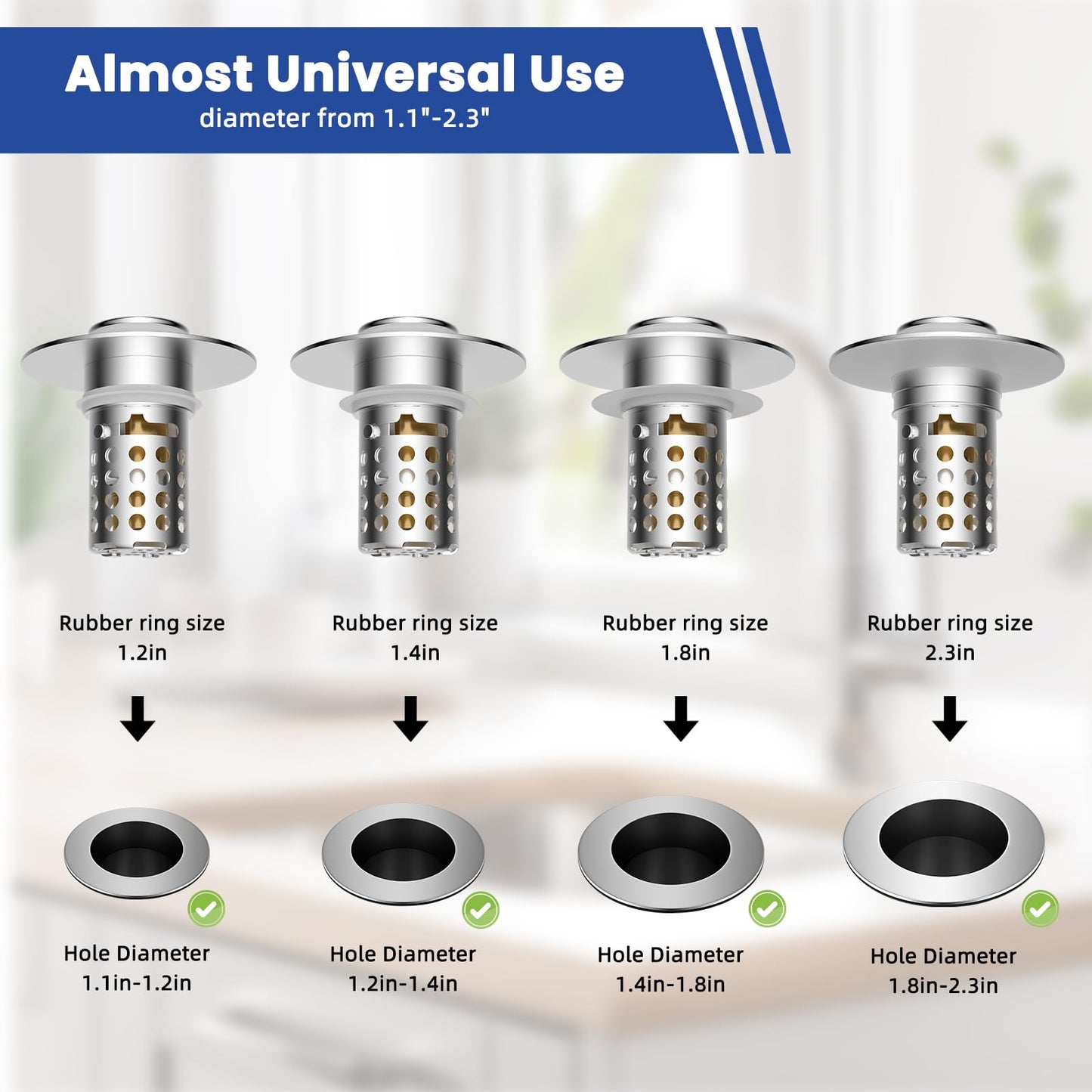 Hygie Rinse Upgraded Bathroom Sink Drain Strainer Hair Catcher with Removable Stainless Steel Filter Basket, 3 in 1 Universal Pop Up Sink Stopper for 1.1''~2.36'' Sink Basin Hole, Chrome