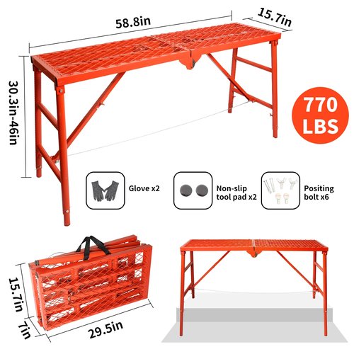 LEADALLWAY Scaffolding Platform 59''(L) x15''(W) x30''(H) Folding Adjustable Scaffolding for Stairs Portable Work Platform Ladder 770 LBS Capacity,Red