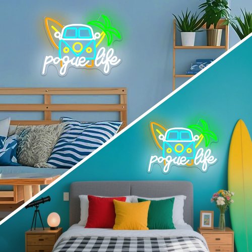 Vveikea Pogue Life Neon Sign Dimmable Out Banks Neon Lights for Bedroom Us Teen Tv Show Led Sign Summer Bus Van Neon Lights Suitable Dorm Office Home Led Wall Decor