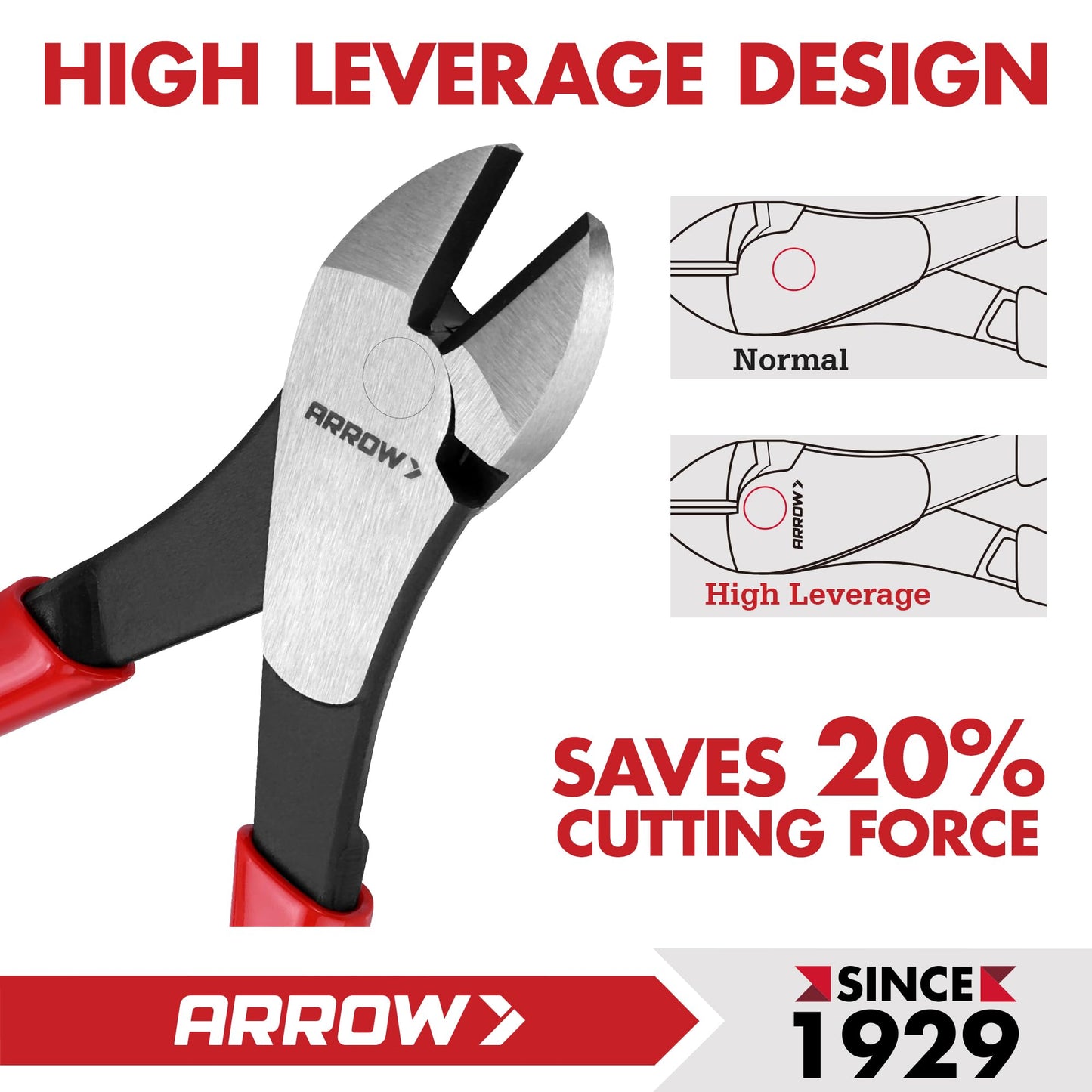 ARROW 7" High Leverage Diagonal Cutting Pliers, Heavy Duty Wire Cutters with Comfortable Grip, Side Cutters for Cutting Wires