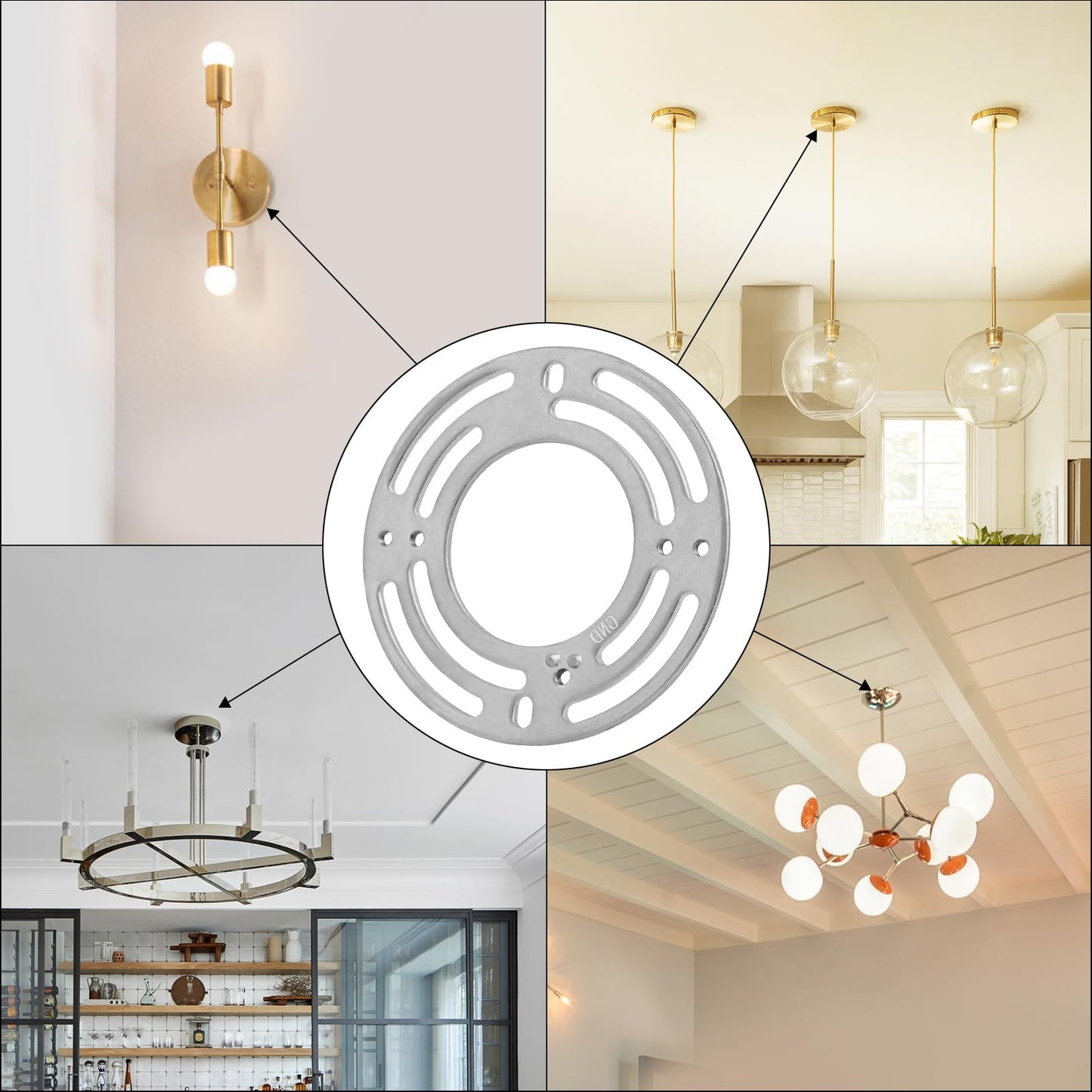 GNOLAK 6 Pack Universal Light Fixture Mounting Bracket Heavy Duty 50 LB Rated, 4 Inches Diameter Steel Round Light Crossbar Black Acorn Cap Nuts for Ceiling Pendant Light Chandelier Wall sconces