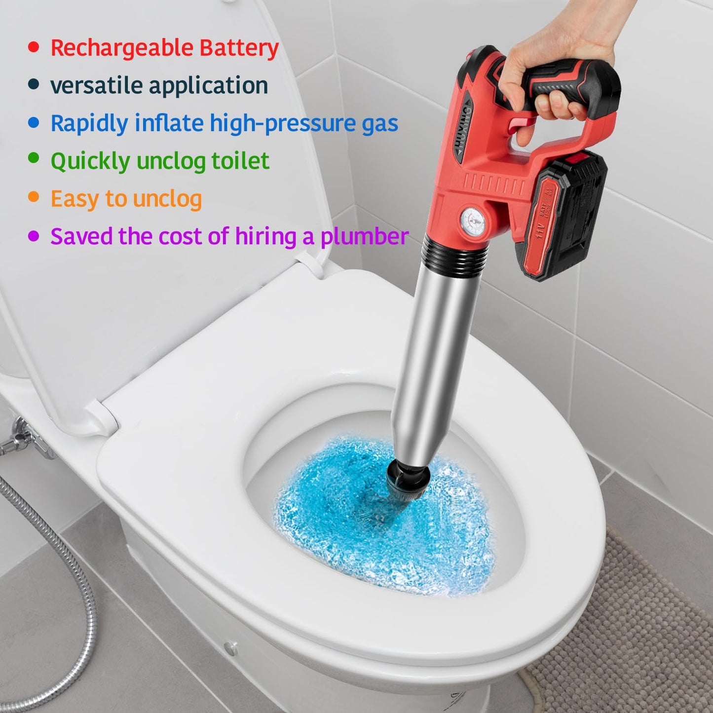 Electric Toilet Plunger，Drain Clog Remover Tools,High Pressure Air Toilet Plungers Heavy Duty Plunger For Toilet,Bathroom,Floor Drain,Sewer,Pipe，RED