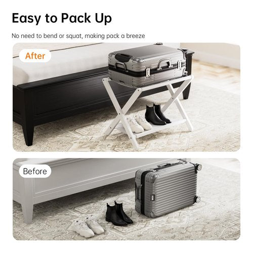 HITNET White Luggage Rack, Folding Suitcase Stand, Bamboo Luggage Holder with Storage for Guest Room Bedroom Hotel