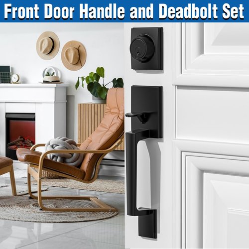 Matte Black Front Door Handle and Single Cylinder Deadbolt Combo Set, Black Exterior Door Lever, Heavy Duty Modern Front Door Lock Set, Reversible for Right & Left