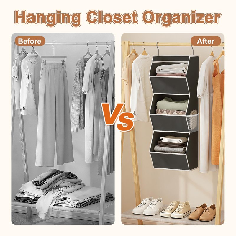 Hanging Closet Organizer 3 Shelf Collapsible Bedroom Closet Organizers and Storage Hanging with Mesh Pocket for Clothes, Closet Hanging Organizers and Storage for Fabric Wardrobe Space Saver, Black