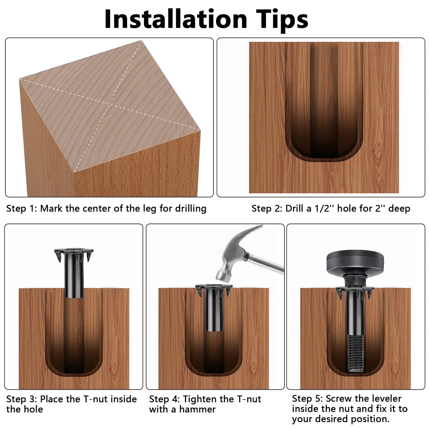 Heavy Duty Furniture Leveling Feet M10 Thread Furniture Levelers Adjustable Furniture Feet w/ T-nut Kit Table Levelers for Cabinet Workbench Chair Sofa and More,Large Base Supports 1320LBs-4 Packs
