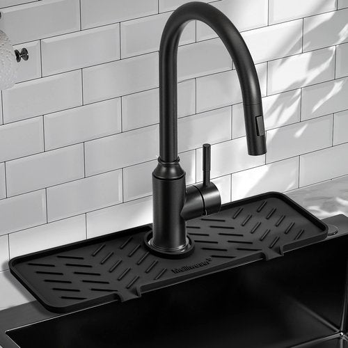 Meiliweser Silicone Faucet Mat for Kitchen Sink – Gen 2 Splash Guard with Upgraded Outlet & Slope – 18” x 5.1” Water Catcher & Sink Sponge Holder for Kitchen and Bathroom (Black)