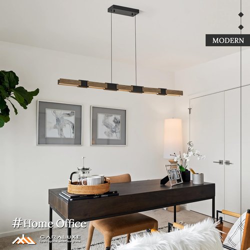 CaraLuxe 52in LED Linear Pendant Light Dimmable Black Kitchen Island Light Walnut Wood Hanging Pendant Light with Remote Control Modern Linear Chandelier for Dining Room Home Office Study Room