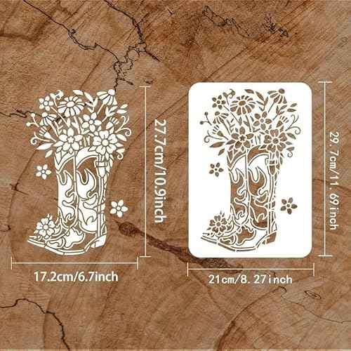 Cowboy Boots and Flower Wall Stencils Template Reusable Spray PaintStencils for Craft Painting On Wood Craft Canvas Walls Wood Furniture Decorations DIY Scrapbooking
