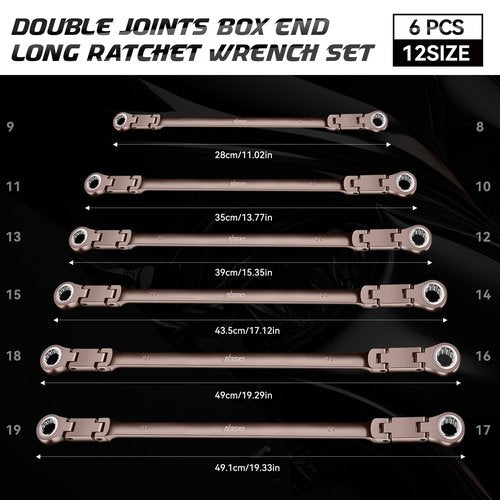 DISEN Upgraded Double Jointed Extra Long Flex Head Ratchet Wrench Set, 6 PCS Metric 8-19mm Box End Ratcheting Wrench set with Magnetic Pickup Tool, 72-Teeth, Cr-V Steel,12 Point, Grey Nickel