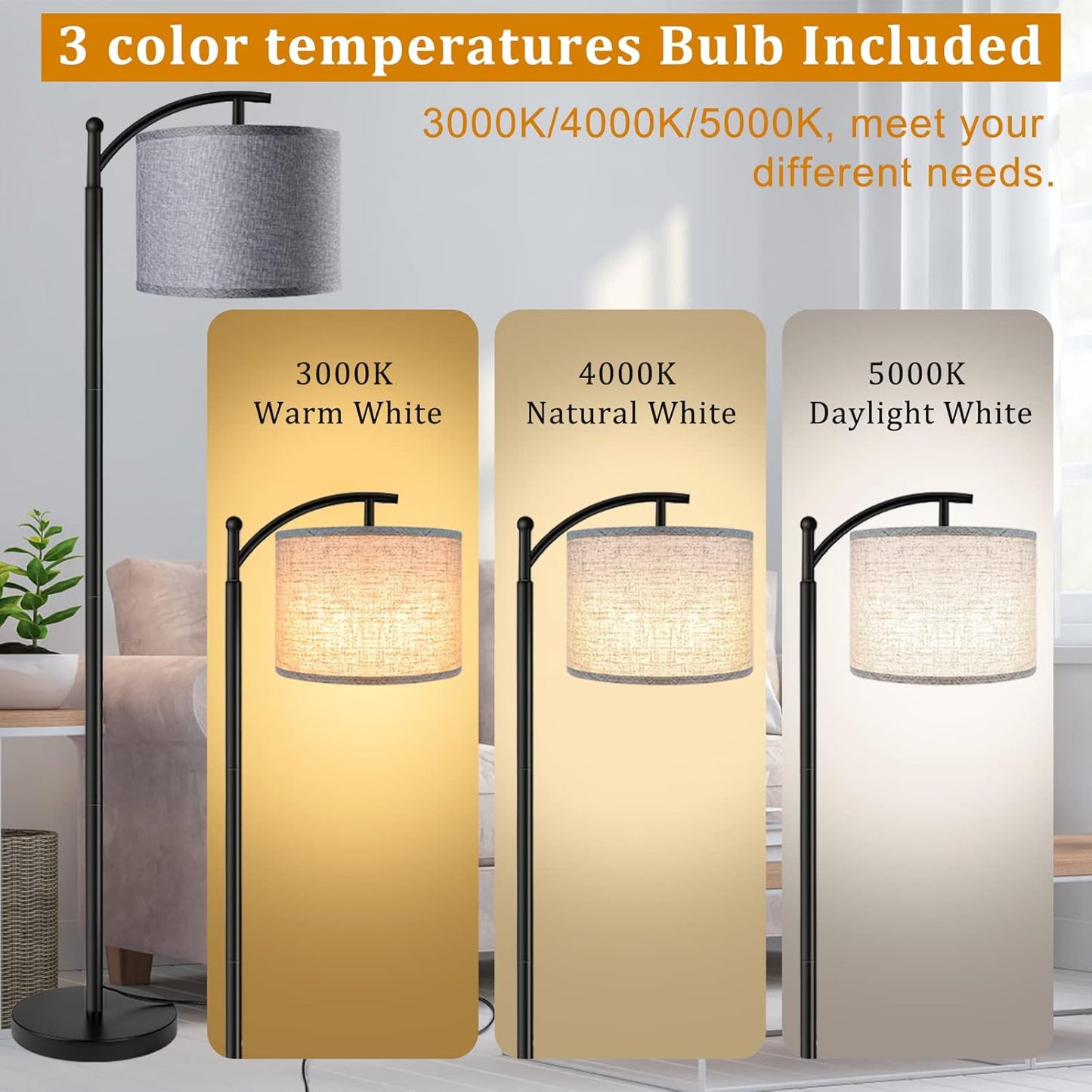 ROTTOGOON Floor Lamp for Living Room with 3 Color Temperatures LED Bulb, Standing Lamp Tall Industrial Floor Lamp Reading for Bedroom, Office (9W LED Bulb, Beige Lampshade Included) -Black