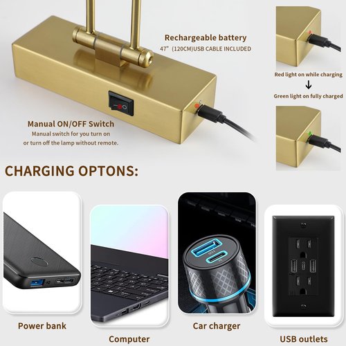 Joossnwell Wireless Picture Light Battery Operated with Remote LED Art Lights for Paintings Rechargeable Dimmable and Timer 15.5 Inch Brass Picture Lights for Wall Gallery Light Library Light