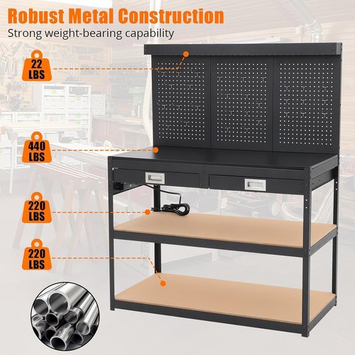 Workbench with Drawers,48'' Work Table for Garage & Workshop - 1000lbs Capacity, 2 Drawers & Pegboard, 0.48" Hardwood Top, 4 AC Outlets, Metal Tool Bench