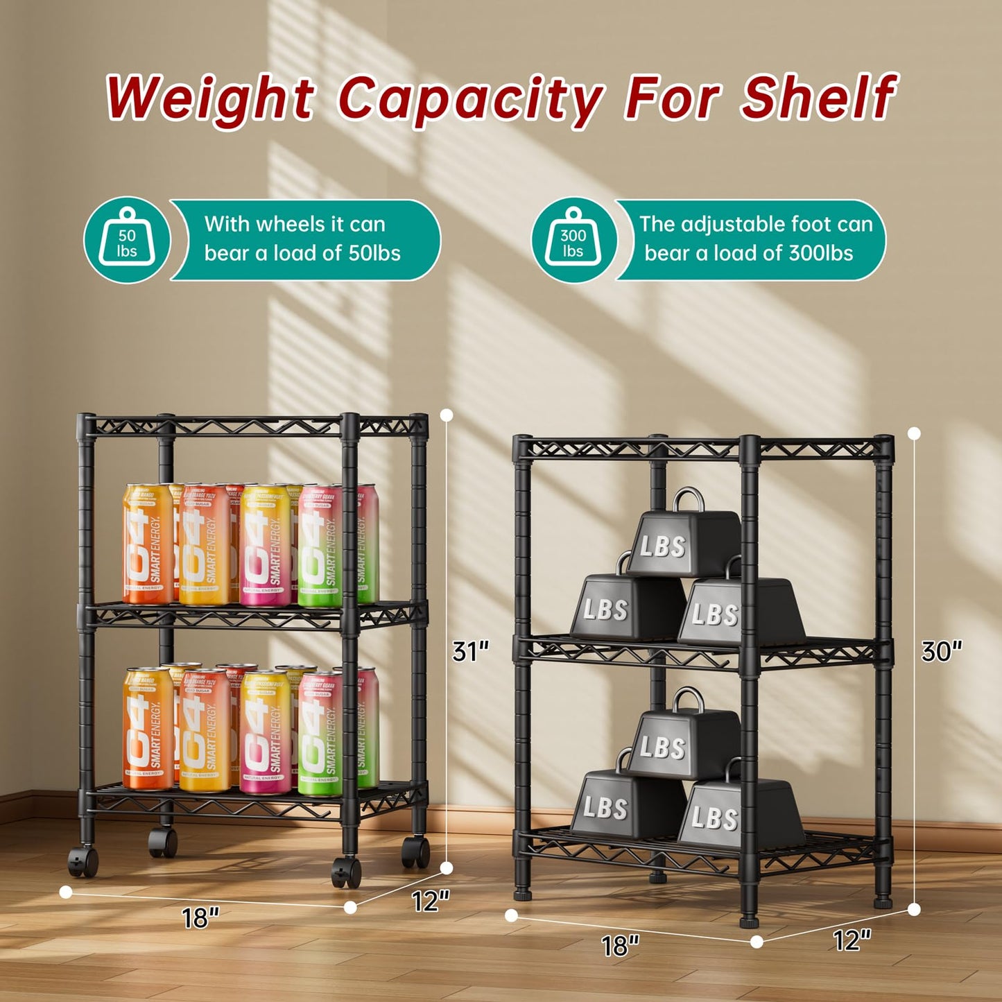 Golpart 3 Tier Adjustable Storage Shelves Heavy Duty Metal Utility Shelf Wire Shelving Unit Organizer Rack for Home Kitchen Office Bathroom Pantry Room 12" D x 18" W x 30" H