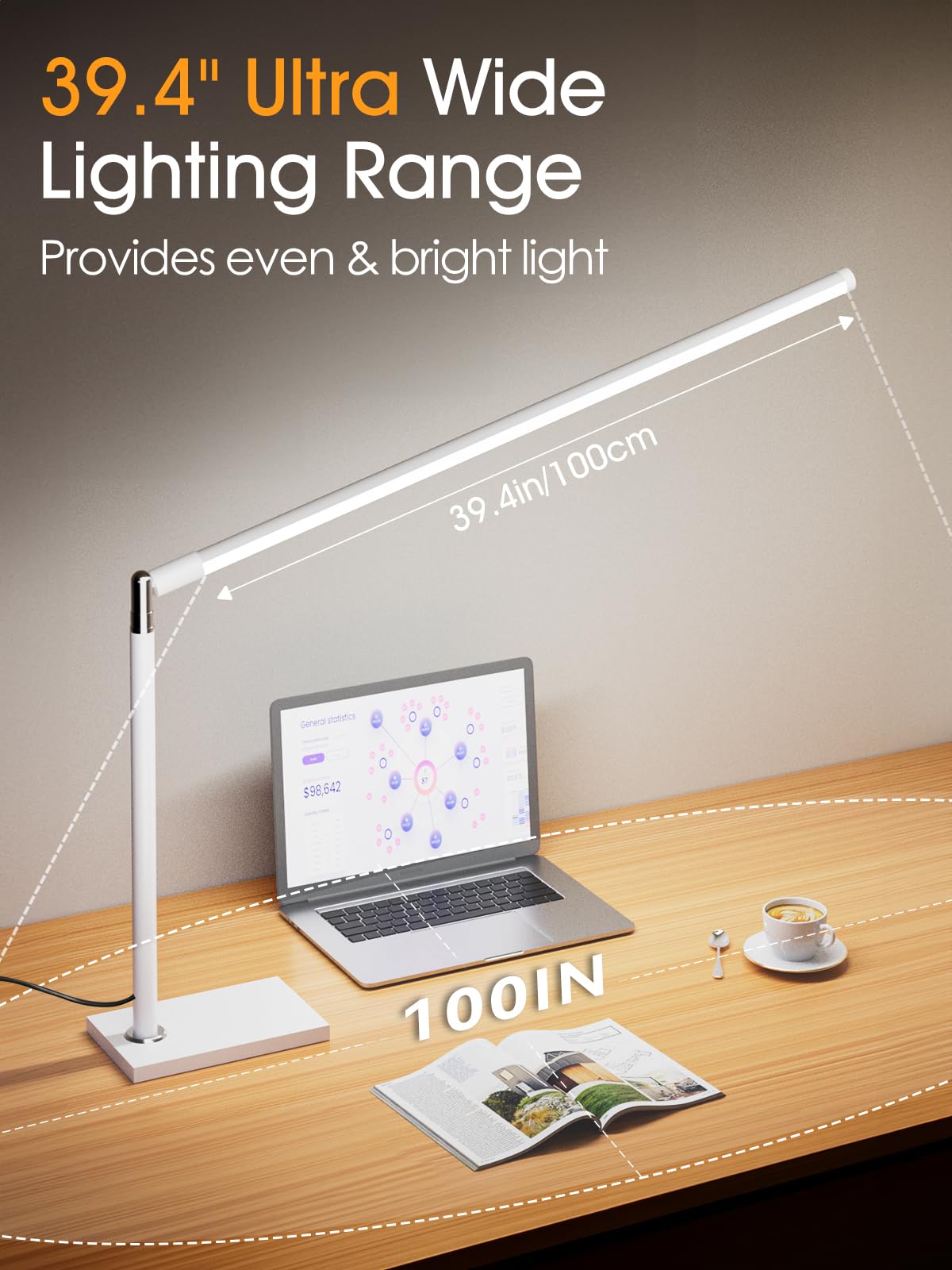 LEDLAY 39.4" LED Desk Lamp for Home Office, Eye Caring Architect Desk Light with Remote, 3 Color Modes & 12 Brightness Levels, Adjustable Height 17.7"-27.6", Study Lamp for Reading/Work (White)