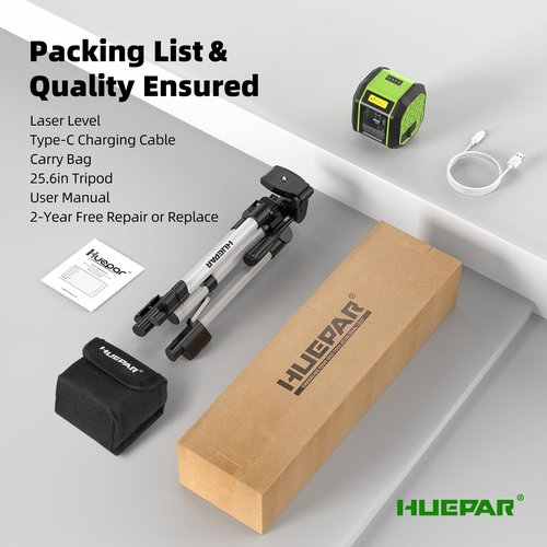 Laser Level with Tripod, HUEPAR 100Ft Self Leveling Laser Level Rechargeable Green Cross Line Laser Leveler Tool for Picture Hanging, Tile, Home Renovation, Carrying Bag Included (25.6 in Tripod)