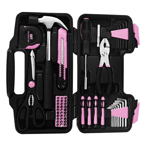 58-Piece Pink Tool Kit Basic Home Repair Tool Set, General Household Hand Tool Kit,Small Tool Kit with Plastic Toolbox Mini Tool kit for Women, Office & College Repairs
