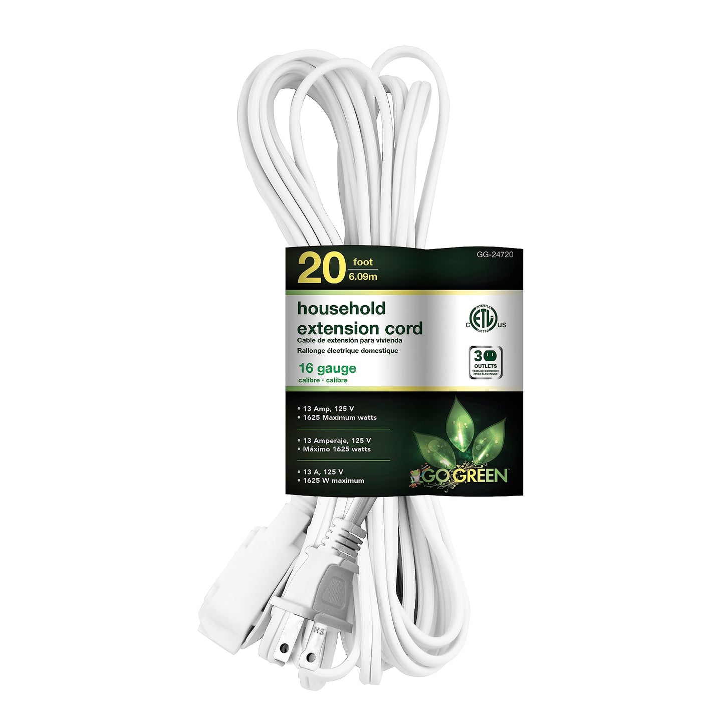 Go Green Power Inc. 20ft Household Extension Cord, White, 3 Outlets, 16/2, Indoor Use Only - Safe, Reliable, and Child-Safe Covers - Ideal for Everyday Electronics