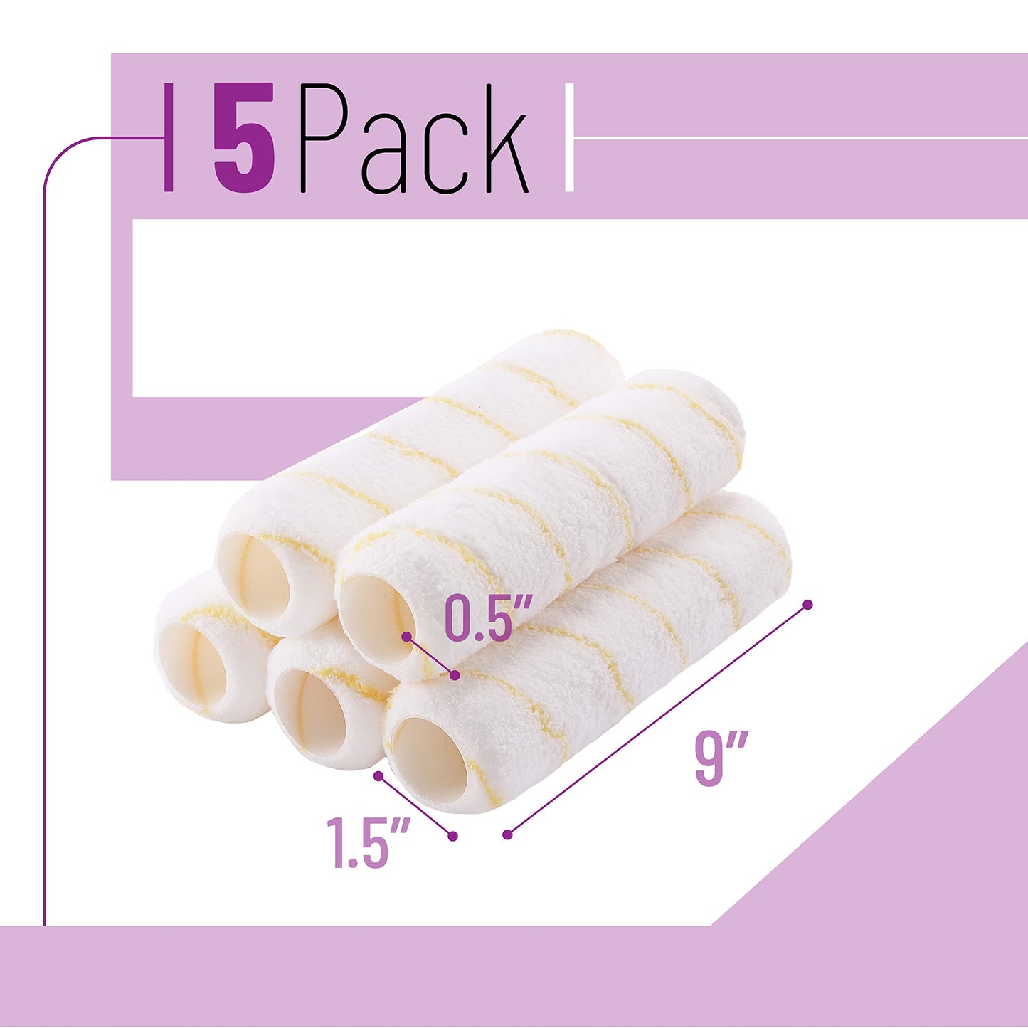 Bates- Paint Roller Covers, 9" Roller Covers, Pack of 5, Covers for Paint Rollers, Naps for Paint Roller Brush, Roller Naps, House Painting Supplies, Nap for Roller Frame, Covers for Paint Roller Kit