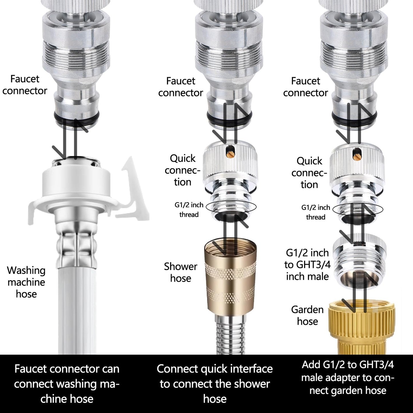 3 Pack Faucet Adapter Set, Quick Connect Sink Faucet to Garden Hose Aerator Adapter Dishwasher & Washing Machine Coupler Connector for Kitchen, Bathroom, Pet Bathing, Garden, and Shower Hose