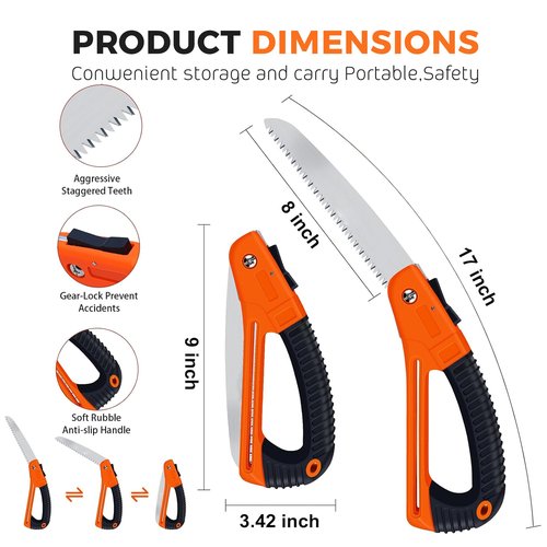 Durable Folding Pruning Saw with Safety Lock - Orange Handle for Camping, Gardening, Tree Trimming