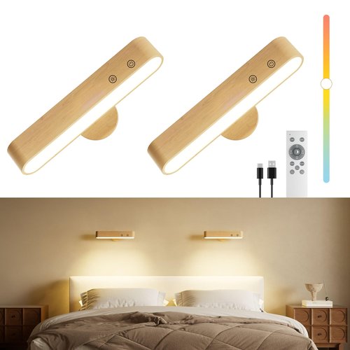 PopoIron Rechargeable LED Wall Sconces Set of Two,Wall Lights for Bedroom with Remote Control and Touch,360° Magnetic Rotation,3 Colors Dimmable Brightness Wood Wall Lamps with 15 RGB Colors,2 Pack