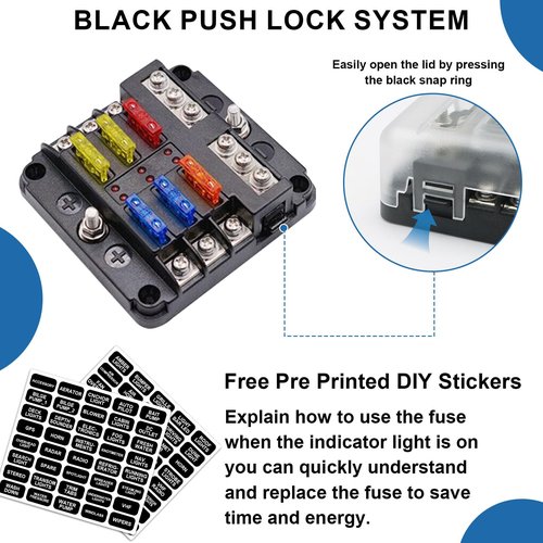 Yasdyri 6 Way 12V fuse box waterproof fuse box holder with LED indicator 6 way fuse block with 12V blade 6 circuit for Automotive Truck Boat Marine RV Van Vehicle