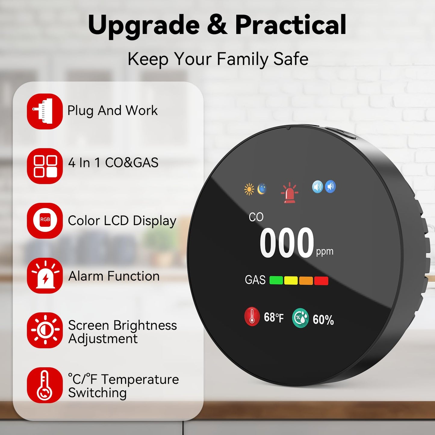 4-in-1 Detector with HD & Color LCD Screen – Keep Your Home Safe, Real-Time Monitoring for Home, Apartment, Hotel, Camping, and RV - 3 Pack, Black