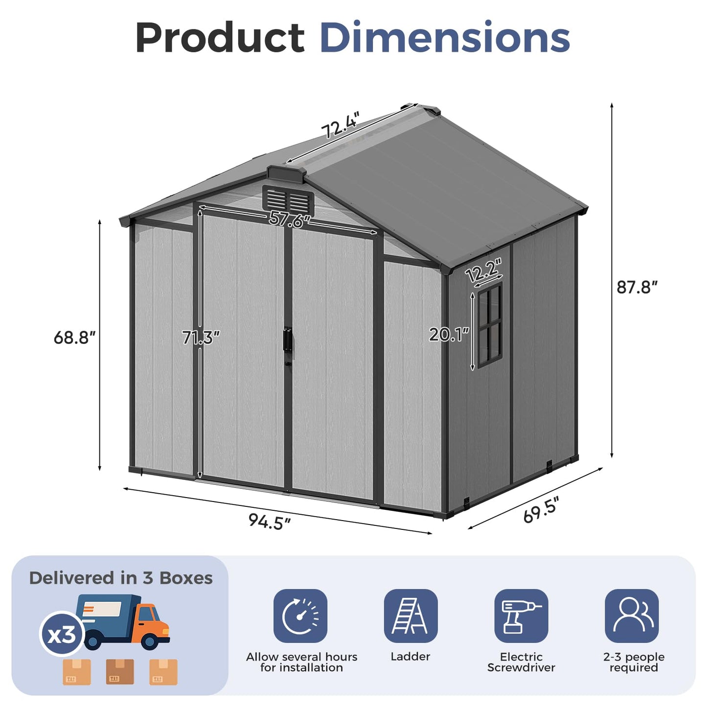 CDCASA 8x6x7 FT Resin Shed with Floor Included, Steel‑Reinforced Large Waterproof Outdoor Storage Sheds with Base & Lockable Door & Window & Vents, Outside Plastic Tool for Outside Patio Backyard