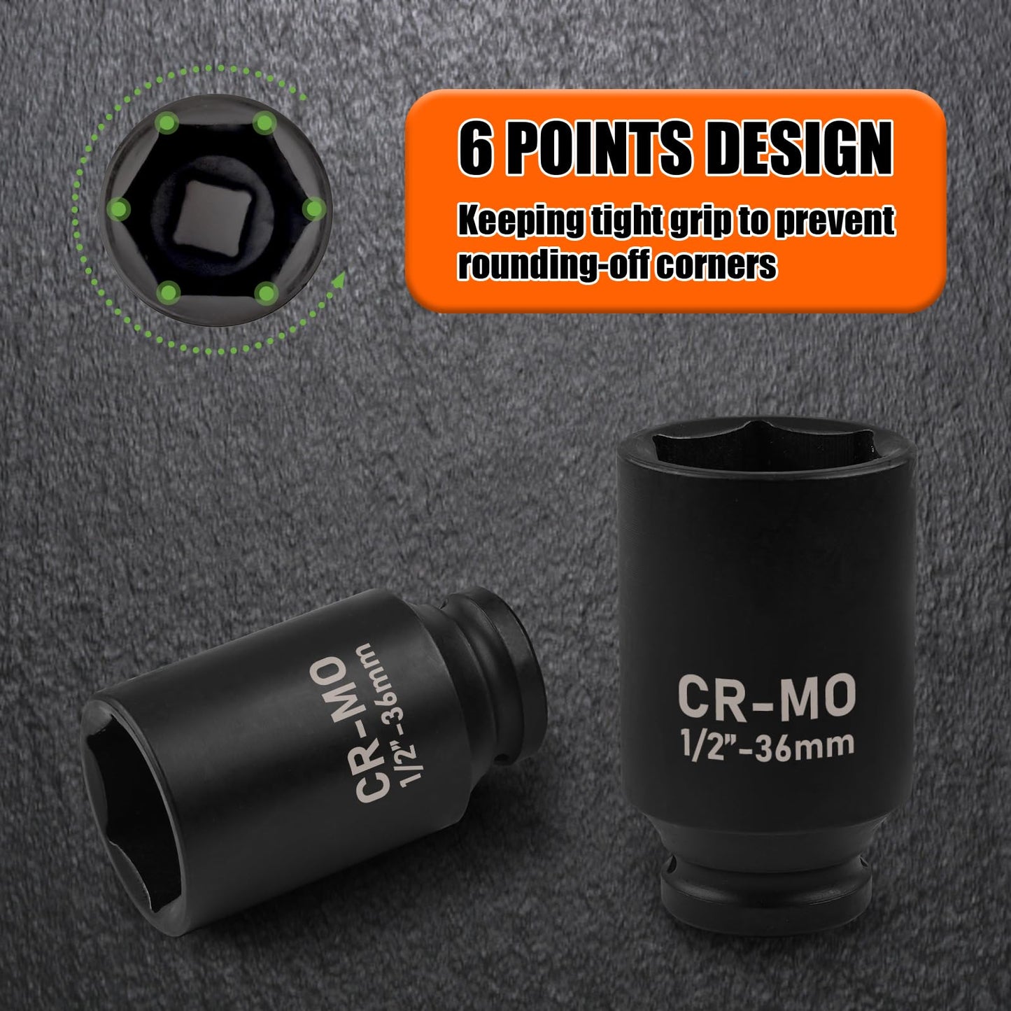 EGOFIX 36mm Socket 1/2" Drive Deep Impact Metric Socket,CR-MO 6 Point for Easy Removal of Axle Nut