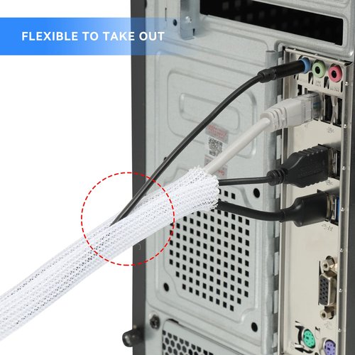 AGPTEK Cable Sleeve Cover, 10ft - 1.5 inch Desk Cord Organizer Cable Hider, Home Office Wire Management Computer TV Wire Loom Tubing, Pet Proof Cord Protector, from Cat Dog Chewing, White