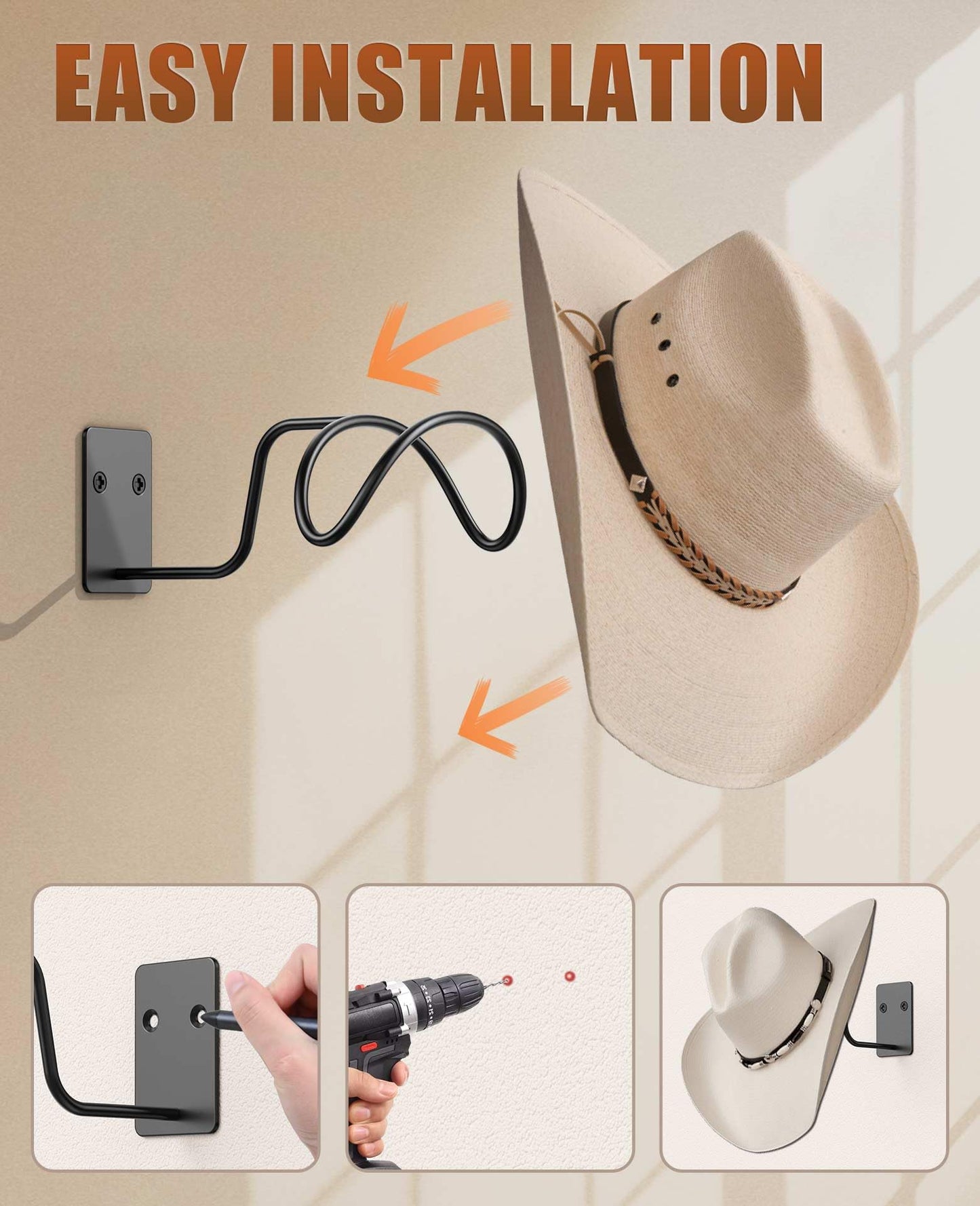 Livelab Cowboy Hat Holder, (4 Pack) Cowboy Hat Rack for Wall Mount, Metal Hat Organizer Storage Cowboy Hats Hanger Hooks for Fedora, Sun Hats, Wide Brim