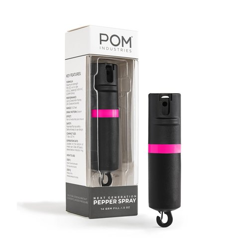 POM Pepper Spray Flip Top Snap Hook - Maximum Strength OC Spray Self Defense - Tactical Compact & Safe Design - Quick Key Release - 25 Bursts & 10 ft Range - (Group) (Black Pink, One Pack)