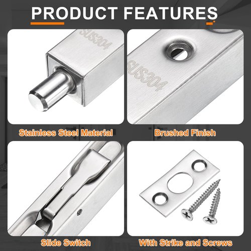 uxcell 2Pcs Door Bolts Latch 6 Inch, 304 Stainless Steel Security Door Guard Lever Action Flush Slide Lock for Inactive Leaf, Double Dummy Door, Silver