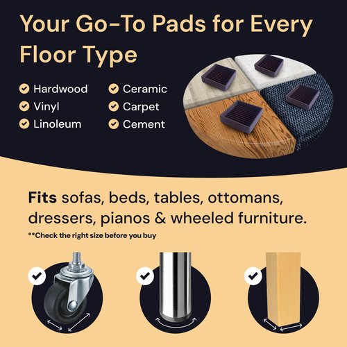 CasterMaster Non-Slip Furniture Pads Square Rubber Anti-Skid Caster Cups, Leg Coasters - Anti-Sliding Floor Protectors for Furniture (Brown, 2'' x 2'' - 4 Pack) - Couch Grips to Prevent Sliding