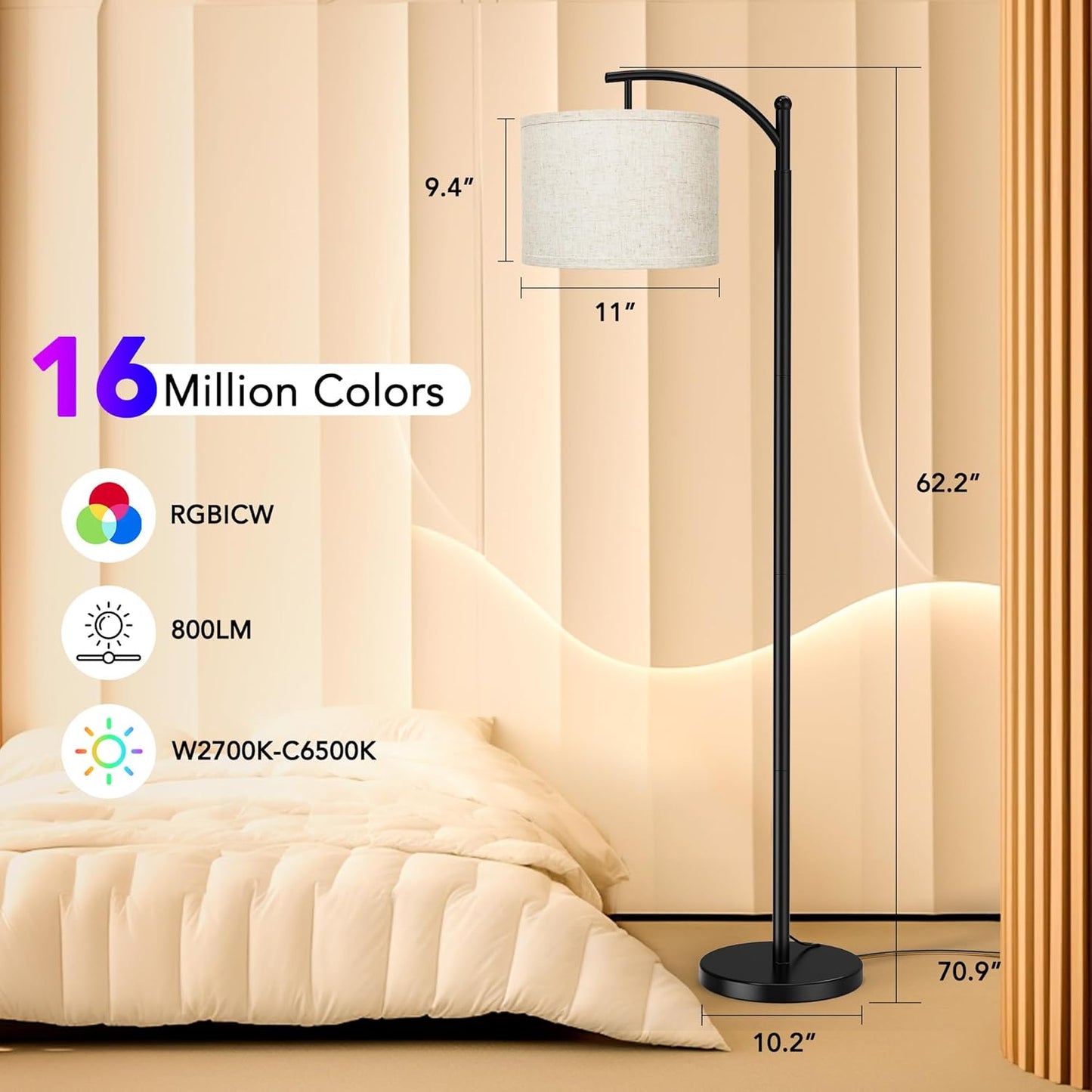 ROTTOGOON Floor Lamp for Living Room with 3 Color Temperatures LED Bulb, Standing Lamp Tall Industrial Floor Lamp Reading for Bedroom, Office (9W LED Bulb, Beige Lampshade Included) -Black