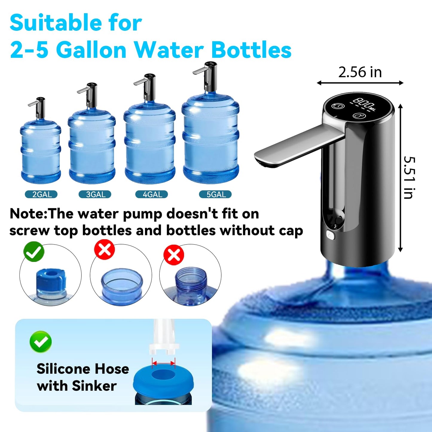 Water Dispenser for 5 Gallon Bottle, Portable Electric Water Pump, 4 Dispense Modes, Foldable Spout, USB Changing, Water Jug Pump for Home, Office, Camping