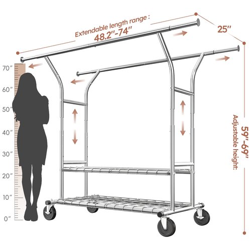 Raybee 74" W Clothes Rack, Clothing Rack, Double Rods Clothing Racks for Hanging Clothes, Load 441 LBS Heavy Duty Clothes Rack with Wheels, Adjustable Garment Rack Portable