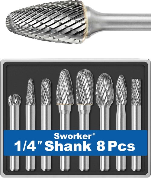 Sworker 8Pcs Carbide Burr Set 1/4 Shank w/Clear Box Max Head Dia 10mm Die Grinder Bits Rotary Tools Attachment Kit Rasp Accessories Metal Wood Stone Steel Grinding Deburring Cutting Porting Carving