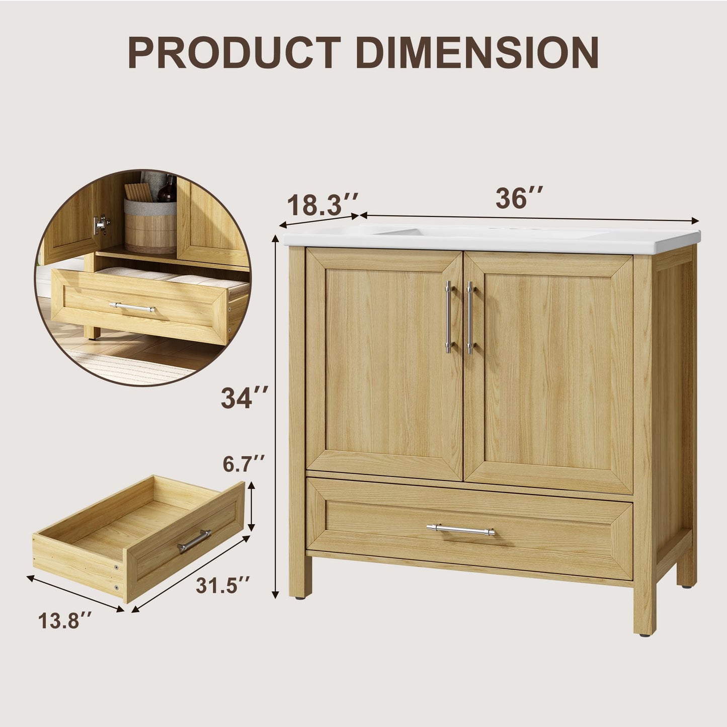 Garvee 30" Bathroom Vanity with Sink, Freestanding Bathroom Sink Cabinet with 2 Soft-Closing Doors & Large Storage Drawer, Wood Vanity Cabinet, Easy Assembly & Cleaning, Natural Wood