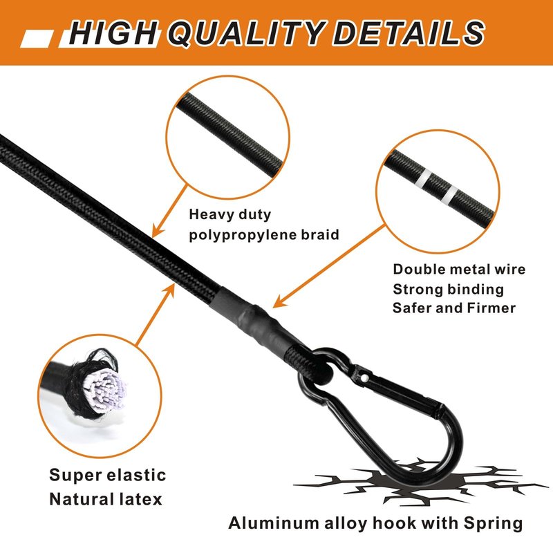 BEXSLE 8 Pcs 24in Bungee Cords with Carabiner Hooks Heavy Duty, Outdoor Black Bungee Straps, Strong Industrial Grade Elastic Bungee Rope for Securing Tarps, Luggage, Tents，Bikes or Garden Tidying