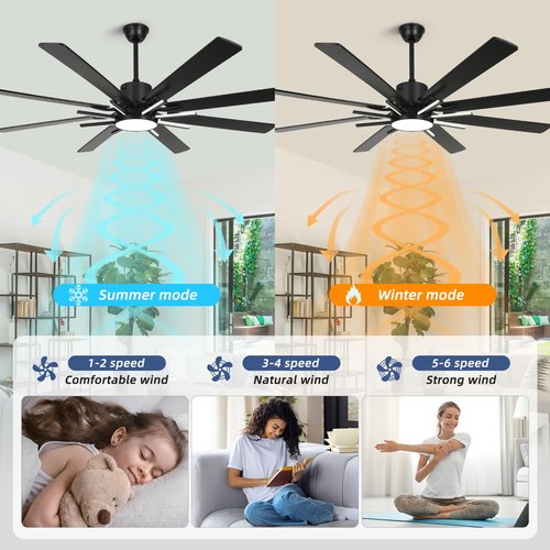 YYEHON 72 Inch Modern Ceiling Fan with Lights & Remote, Large Chandelier Ceiling Fan for Living Room, Patio, Farmhouse, 8 Blades & 9 Lights, 6-Speed Reversible DC Motor, 3 CCT, Black