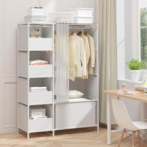 MOYIPIN Portable Closet，Free Standing Wardrobe Closet with Hanging Rod and Curtain，Clothes Storage Organizer, for Cloakroom, Bedroom，40.55 x 16.73 x 65.35Inches，White