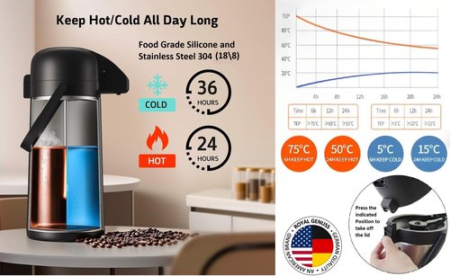 Airpot Coffee Dispenser 102 oz (3L) with Pump, Drip Tray and Cleaning Brush - Stainless Steel Insulated Carafe - 24 Hour Heat Retention - 36 Hour Cold Retention - 2 Gifts are included