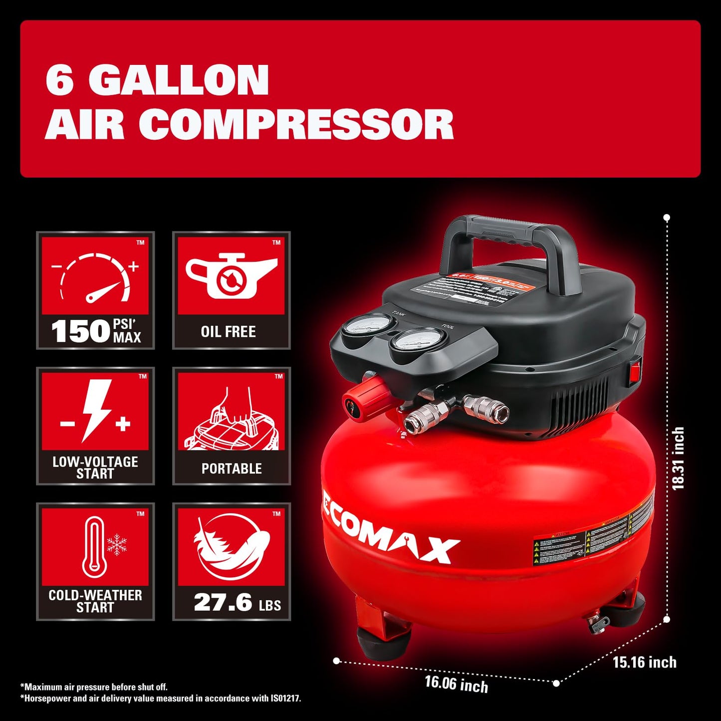 Air Compressor, 6 Gallon Pancake Air compressor, Max 150 PSI, 2.6 CFM @90 Psi, Oil Free Pancake Compressor for Home and Jobsite, Red Model: 0210673