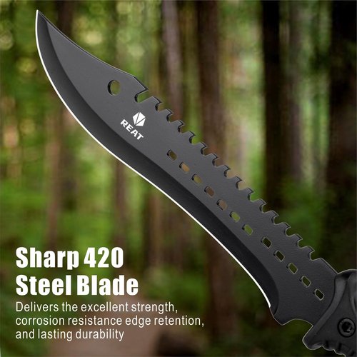 REAT Machete with Shaeth,15" Hunting Knife with 420 Stainless Steel, Ergonomic No-Slip Rubber Handle, Machetes for Bushcraft, Survival, Hunting, Cutting Trees and Yard Work