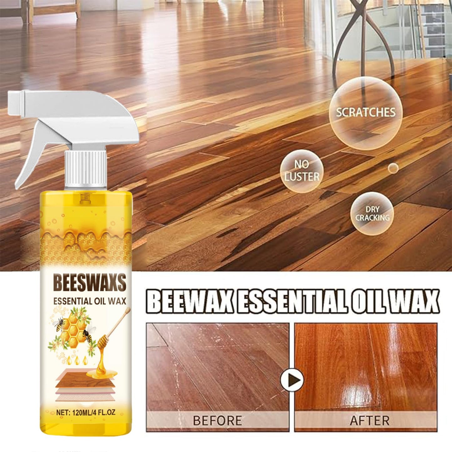 ZhiNuan Beeswax Wood Polish Spray,Beeswax Essential Oil Wax,Scratcherase Beeswaxs Wood Floor Spray,Bees Wax Furniture Polish And Cleaner,For Floors And Furniture (2PC)
