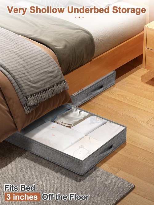 3 Inch Low Profile Under Bed Storage Bins with NO STURCTURE Design, Shallow Clothes Storage Bags with Clear Lids & Waterproof Fabric, 2-Pack, Grey – Fits Under Sofa, Couch, Dorm, or College Beds