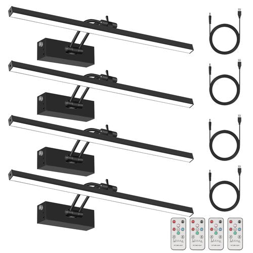4Pack Rechargeable Picture Light, 5200mAh Black Battery Operated Picture Lights for Wall with Remote Control, 300LM 3000K Warm White Light 16" Metal Dimmable Picture Frame Light for Painting & Artwork