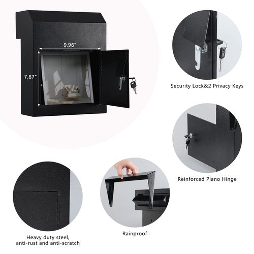xydled Heavy Duty Mail Box with Key Lock, 15''x12''x6'', Locking Metal Mailbox Door Mounted, Through The Door Safe Locking Drop Box, Black